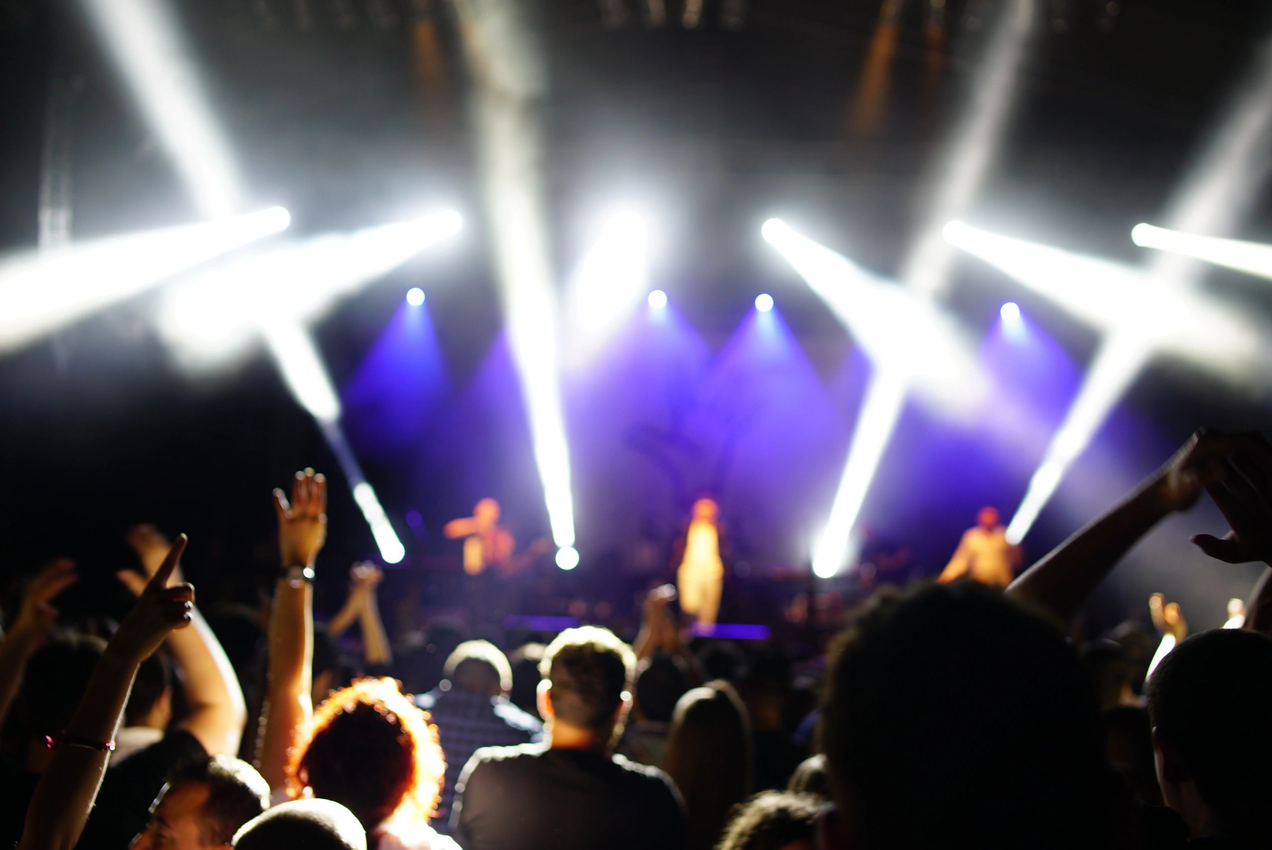 Concert crowd silhouette facing a bright stage